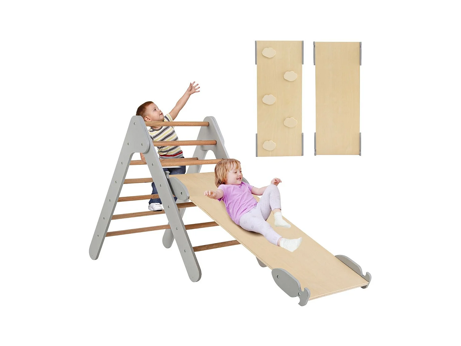 Kletterdreieck mit Rutsche Klettergerüst Indoor ab 1 Jahr Sprossendreieck Kletterrampe aus Holz Grau