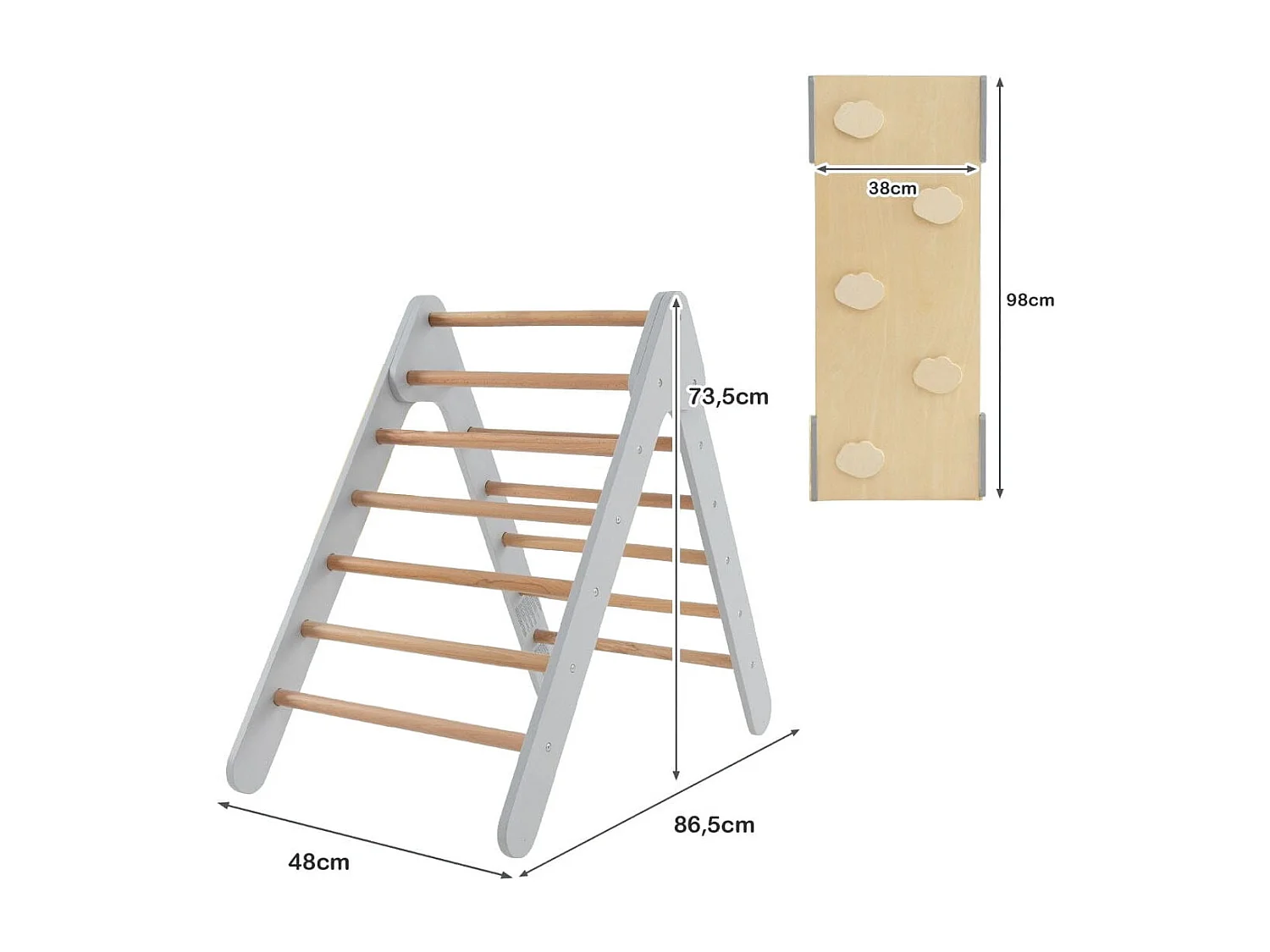 Kletterdreieck mit Rutsche Klettergerüst Indoor ab 1 Jahr Sprossendreieck Kletterrampe aus Holz Grau