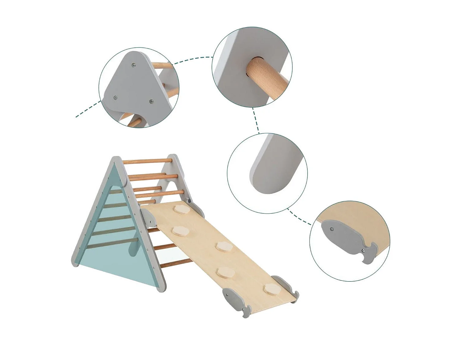 Kletterdreieck mit Rutsche Klettergerüst Indoor ab 1 Jahr Sprossendreieck Kletterrampe aus Holz Grau