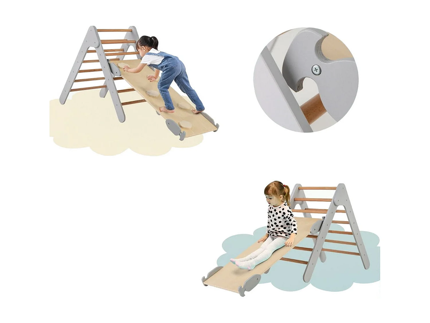 Kletterdreieck mit Rutsche Klettergerüst Indoor ab 1 Jahr Sprossendreieck Kletterrampe aus Holz Grau