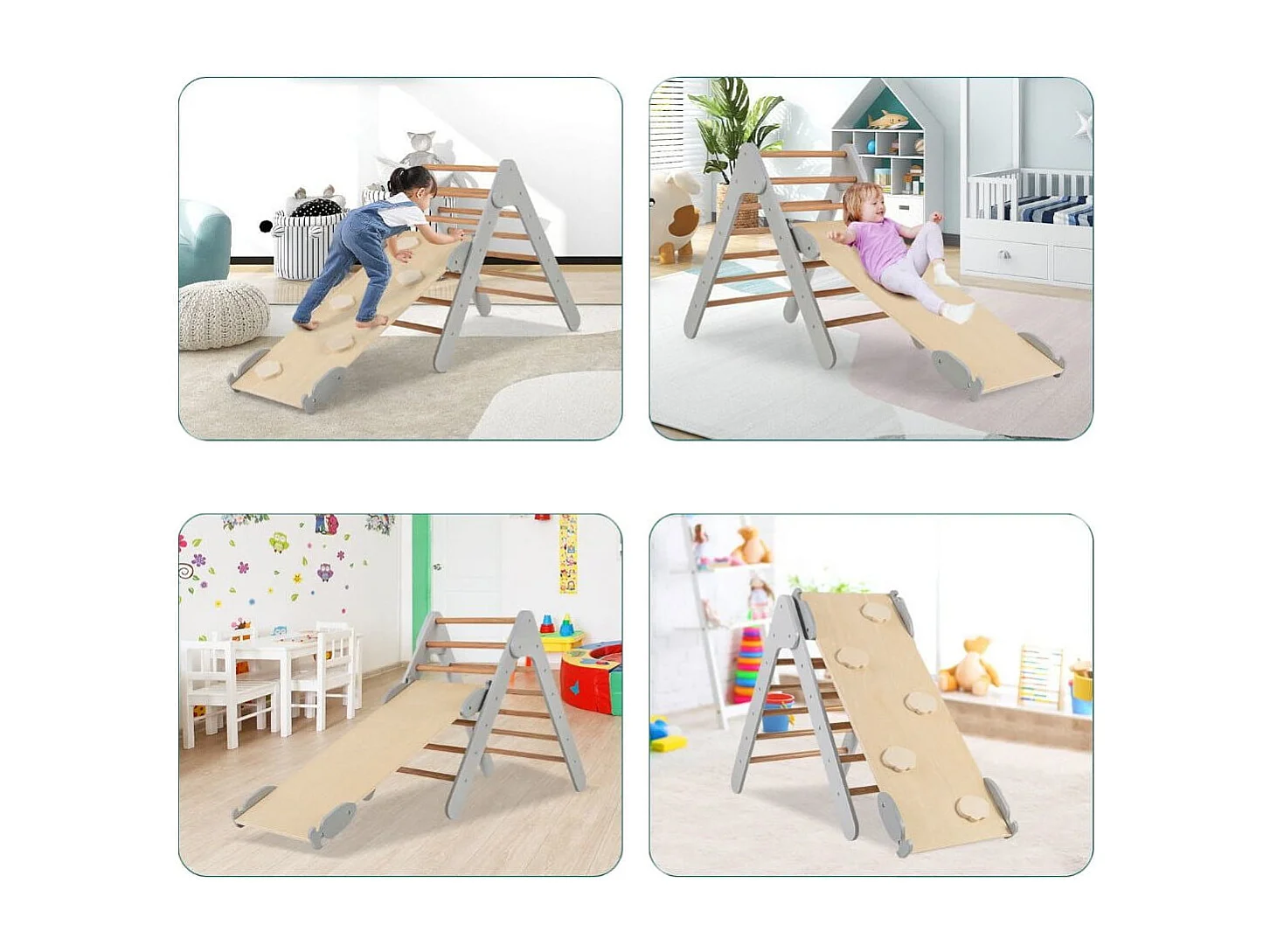 Kletterdreieck mit Rutsche Klettergerüst Indoor ab 1 Jahr Sprossendreieck Kletterrampe aus Holz Grau