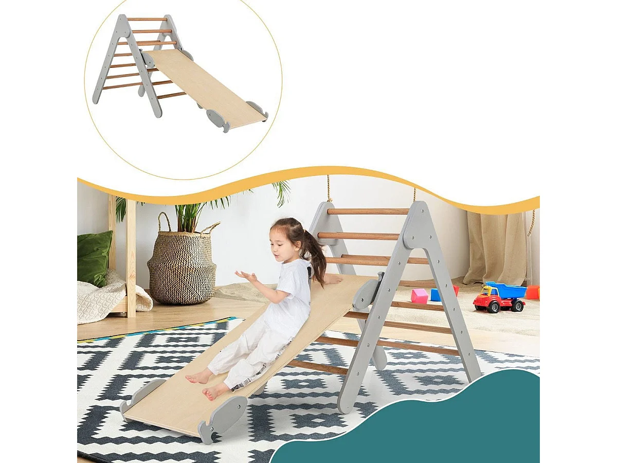 Kletterdreieck mit Rutsche Klettergerüst Indoor ab 1 Jahr Sprossendreieck Kletterrampe aus Holz Grau