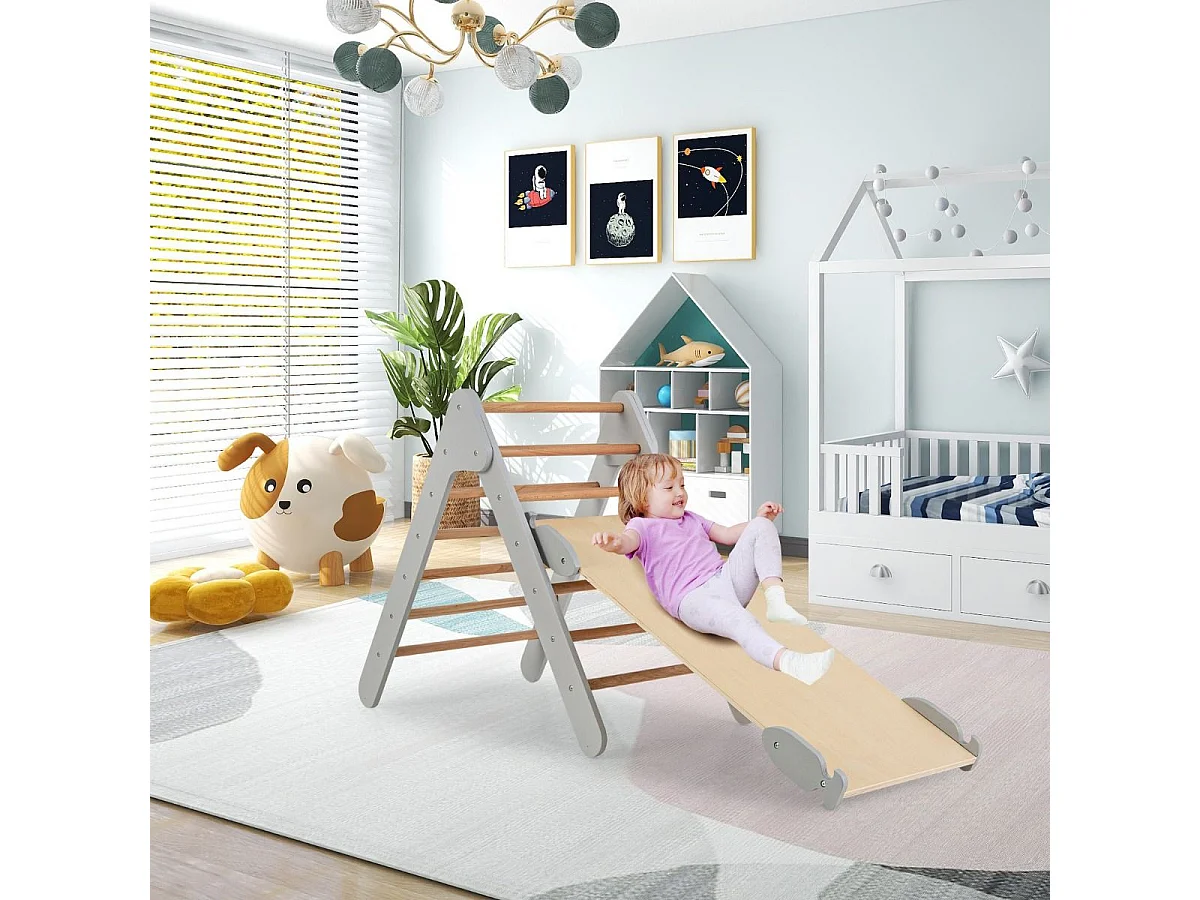 Kletterdreieck mit Rutsche Klettergerüst Indoor ab 1 Jahr Sprossendreieck Kletterrampe aus Holz Grau