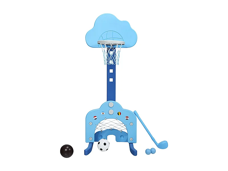 3 in 1 Kinder Spielplatz mit Höhenverstellbarem Basketballkorb & Fußballtor & Golf Blau