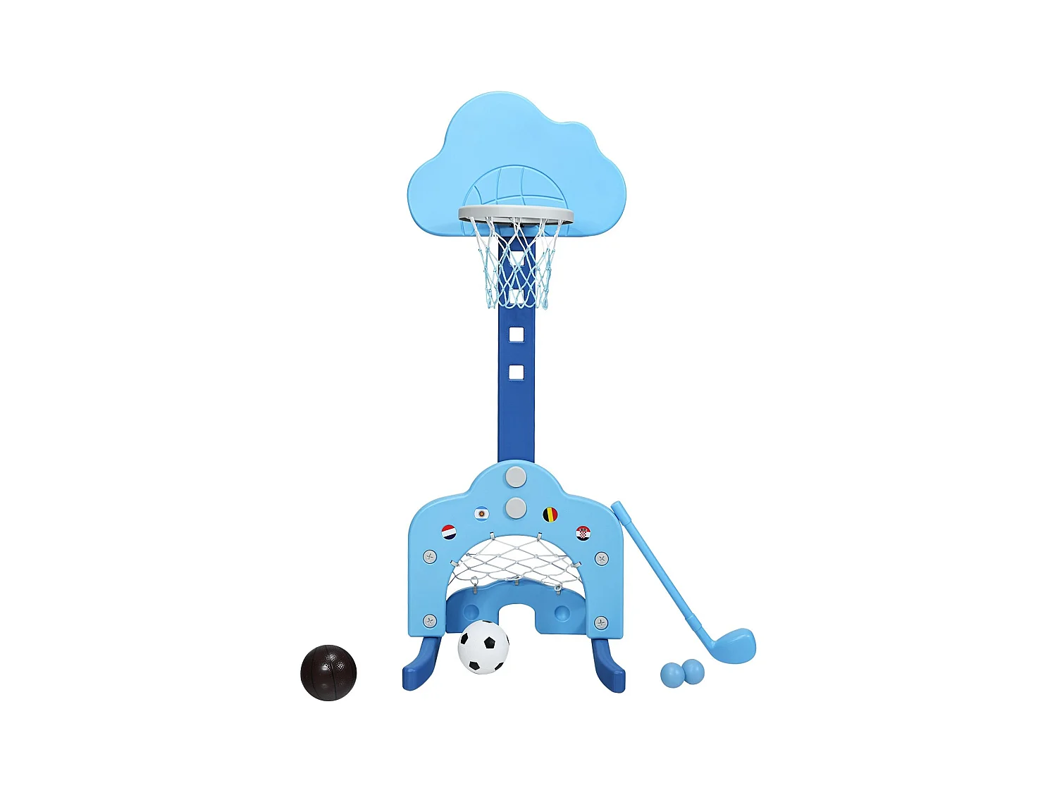 Canestro da basket 3 in 1 con 5 altezze regolabili, Canestro da basket e gioco del golf per bambini, Blu