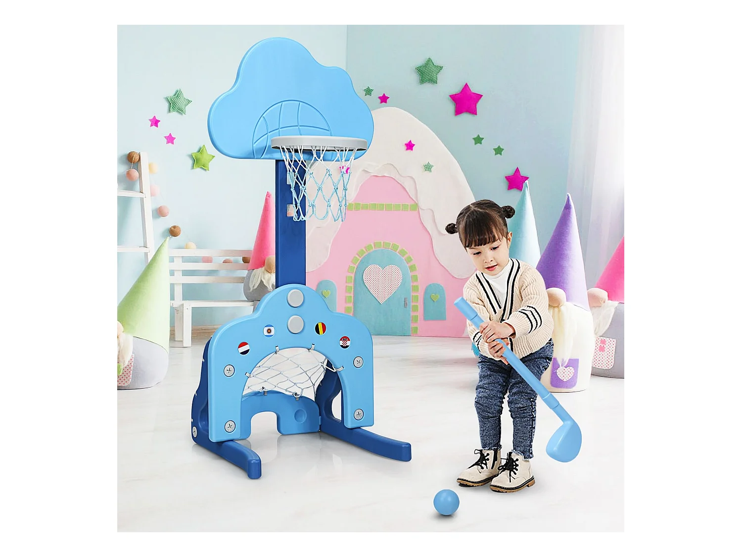 Canestro da basket 3 in 1 con 5 altezze regolabili, Canestro da basket e gioco del golf per bambini, Blu