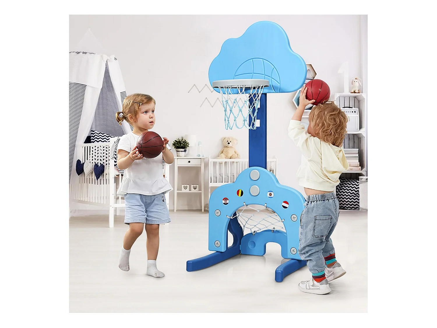 Canestro da basket 3 in 1 con 5 altezze regolabili, Canestro da basket e gioco del golf per bambini, Blu