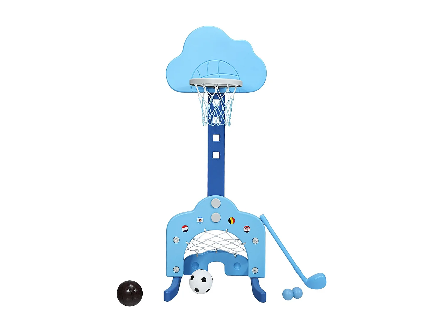 Canestro da basket 3 in 1 con 5 altezze regolabili, Canestro da basket e gioco del golf per bambini, Blu