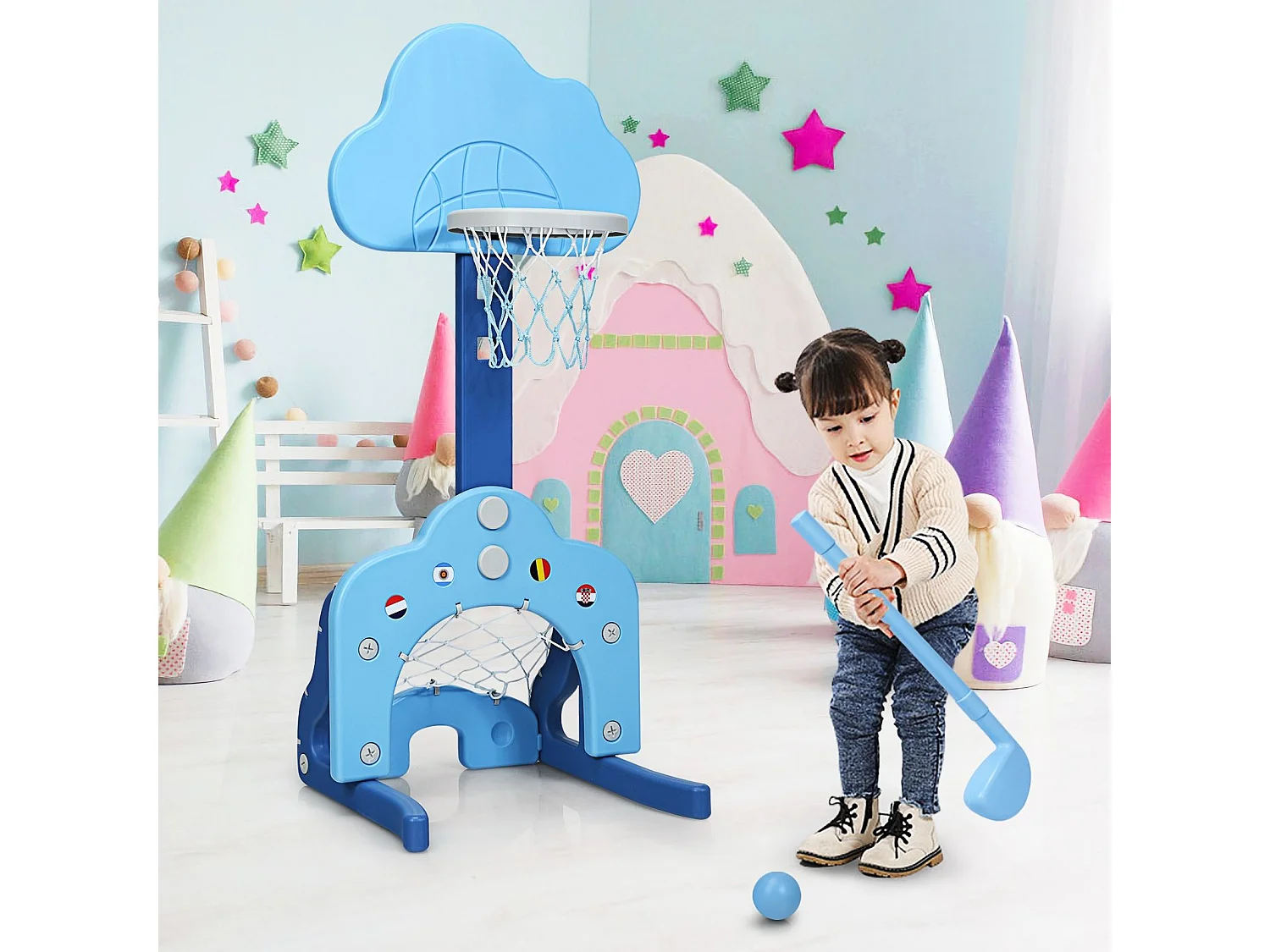 Canestro da basket 3 in 1 con 5 altezze regolabili, Canestro da basket e gioco del golf per bambini, Blu