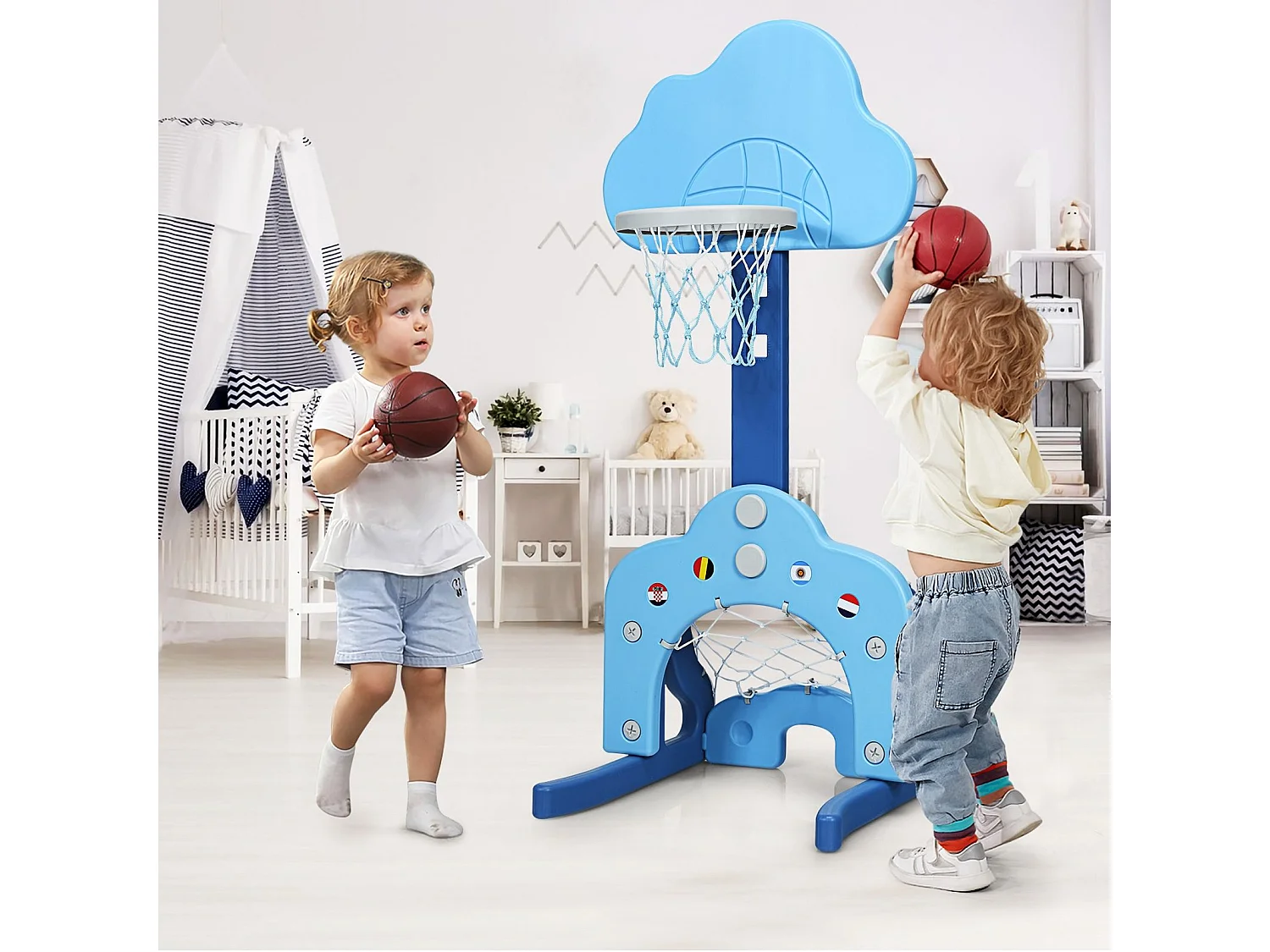 Canestro da basket 3 in 1 con 5 altezze regolabili, Canestro da basket e gioco del golf per bambini, Blu
