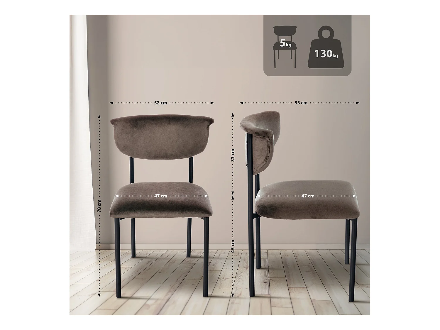 Lot de 2  chaise salle à manger - Velours - Marron - Gambell