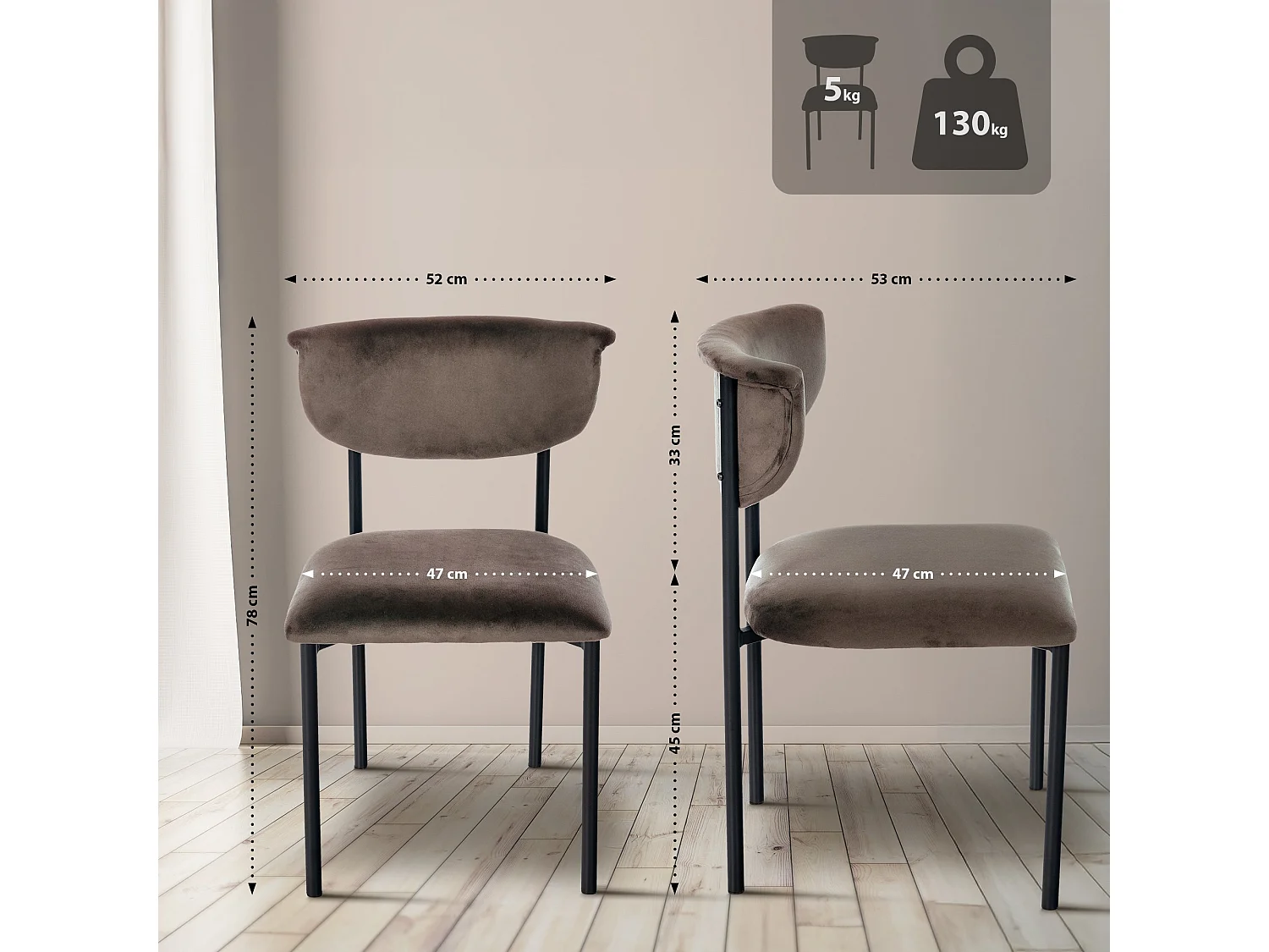 Lot de 2  chaise salle à manger - Velours - Marron - Gambell