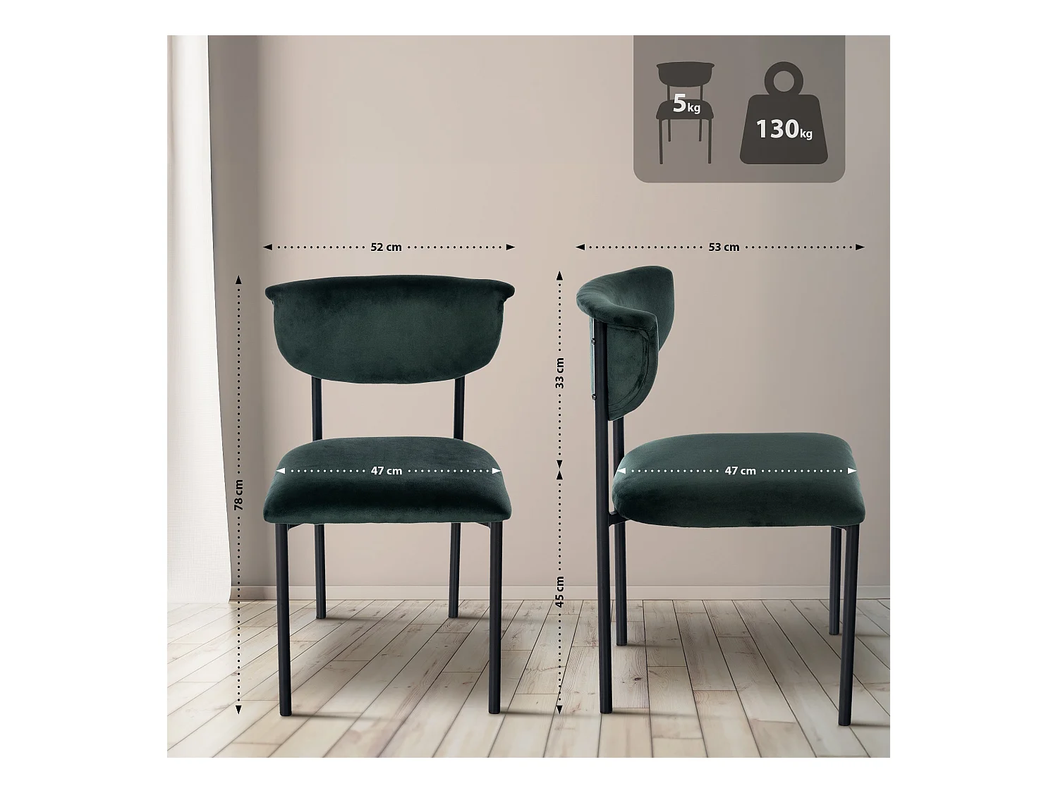 Lot de 2  chaise salle à manger - Velours - Vert foncé - Gambell