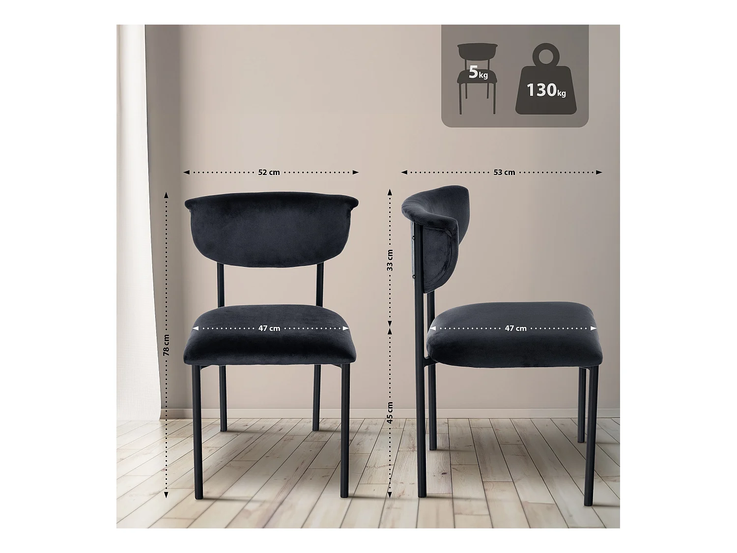 Lot de 2  chaise salle à manger - Velours - Noir - Gambell