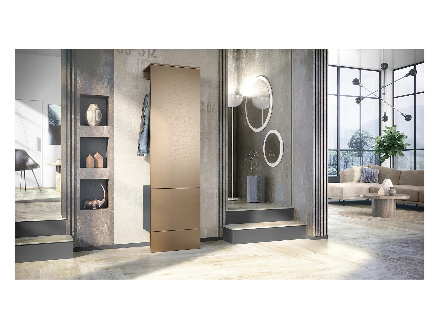 Penderie Carlton Set 5, Meuble d’entrée comprenant 1 panneau porte-manteau avec porte intégrée et 1 tringle, anthracite mat/aspect bronzé (52 x 193 x 35 cm)