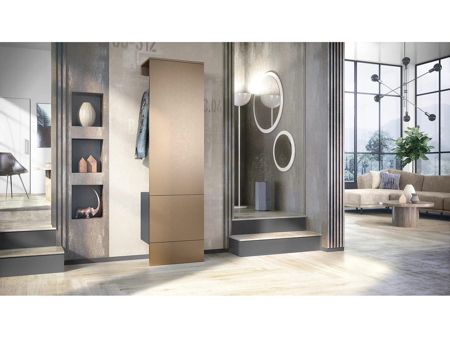 Penderie Carlton Set 5, Meuble d’entrée comprenant 1 panneau porte-manteau avec porte intégrée et 1 tringle, anthracite mat/aspect bronzé (52 x 193 x 35 cm)