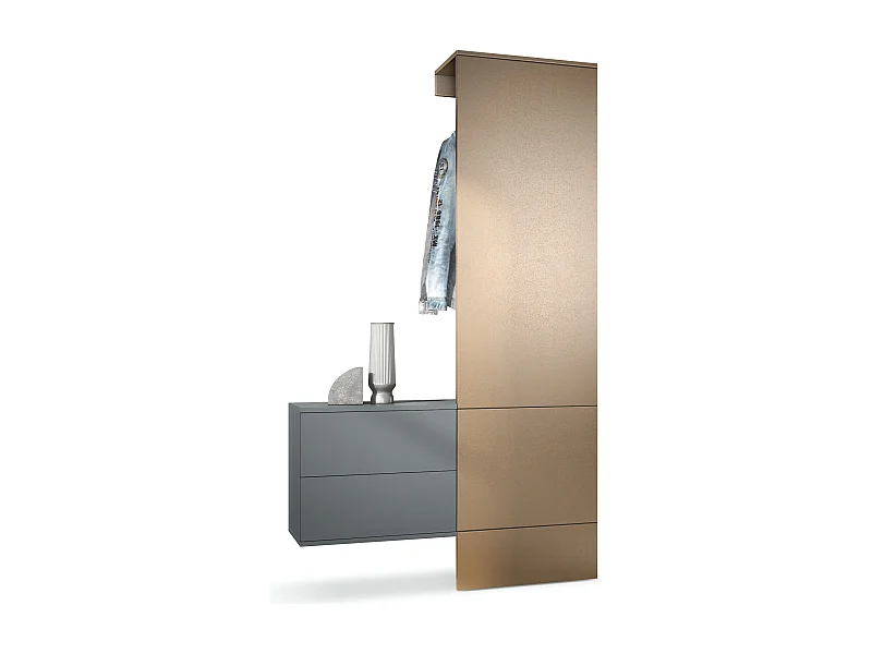 Penderie Carlton Set 2, Meuble d’entrée comprenant 1 panneau porte-manteau, 1 coffre à tiroir, anthracite mat/aspect bronzé (105 x 193 x 35 cm)