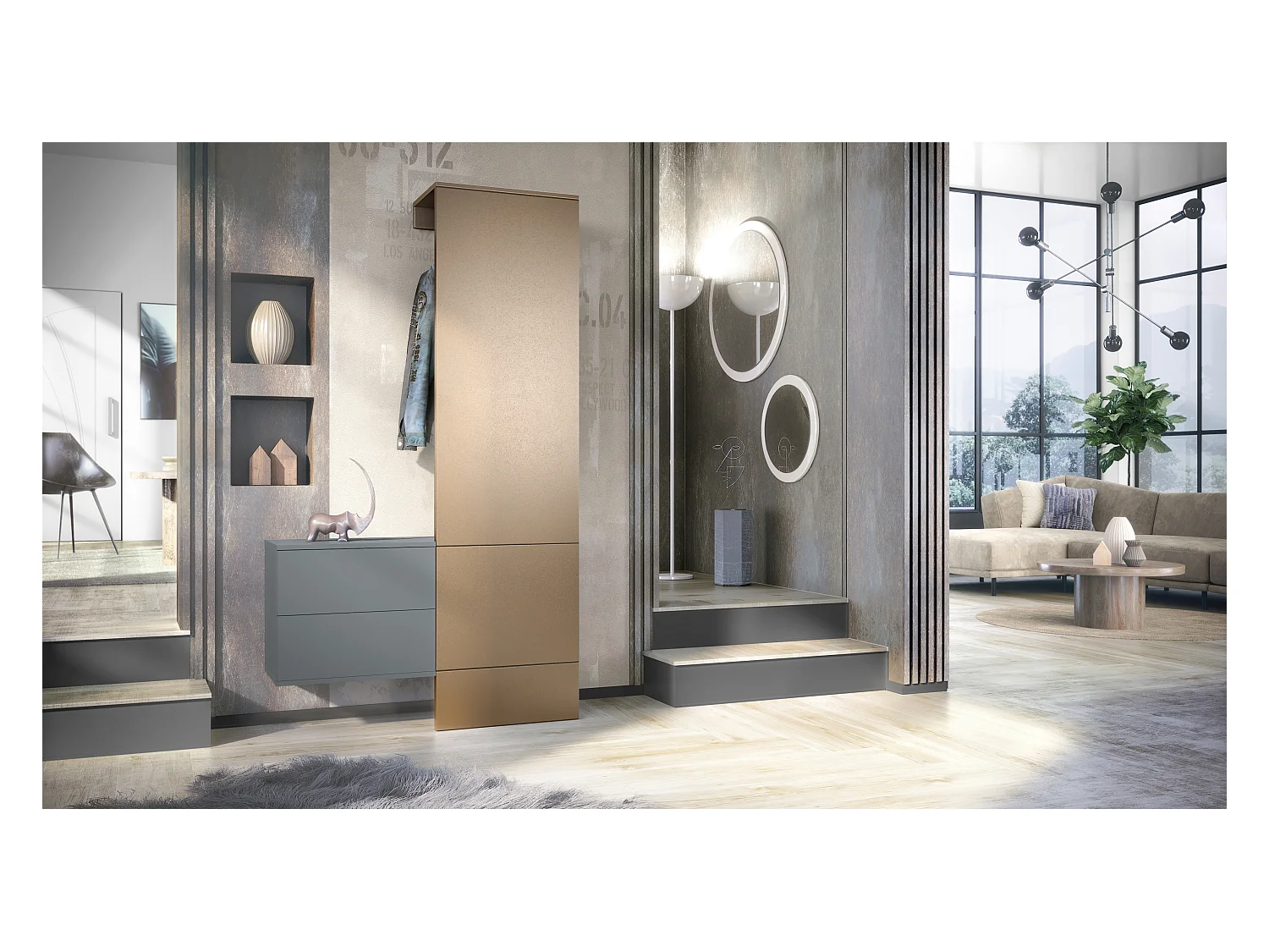 Penderie Carlton Set 2, Meuble d’entrée comprenant 1 panneau porte-manteau, 1 coffre à tiroir, anthracite mat/aspect bronzé (105 x 193 x 35 cm)