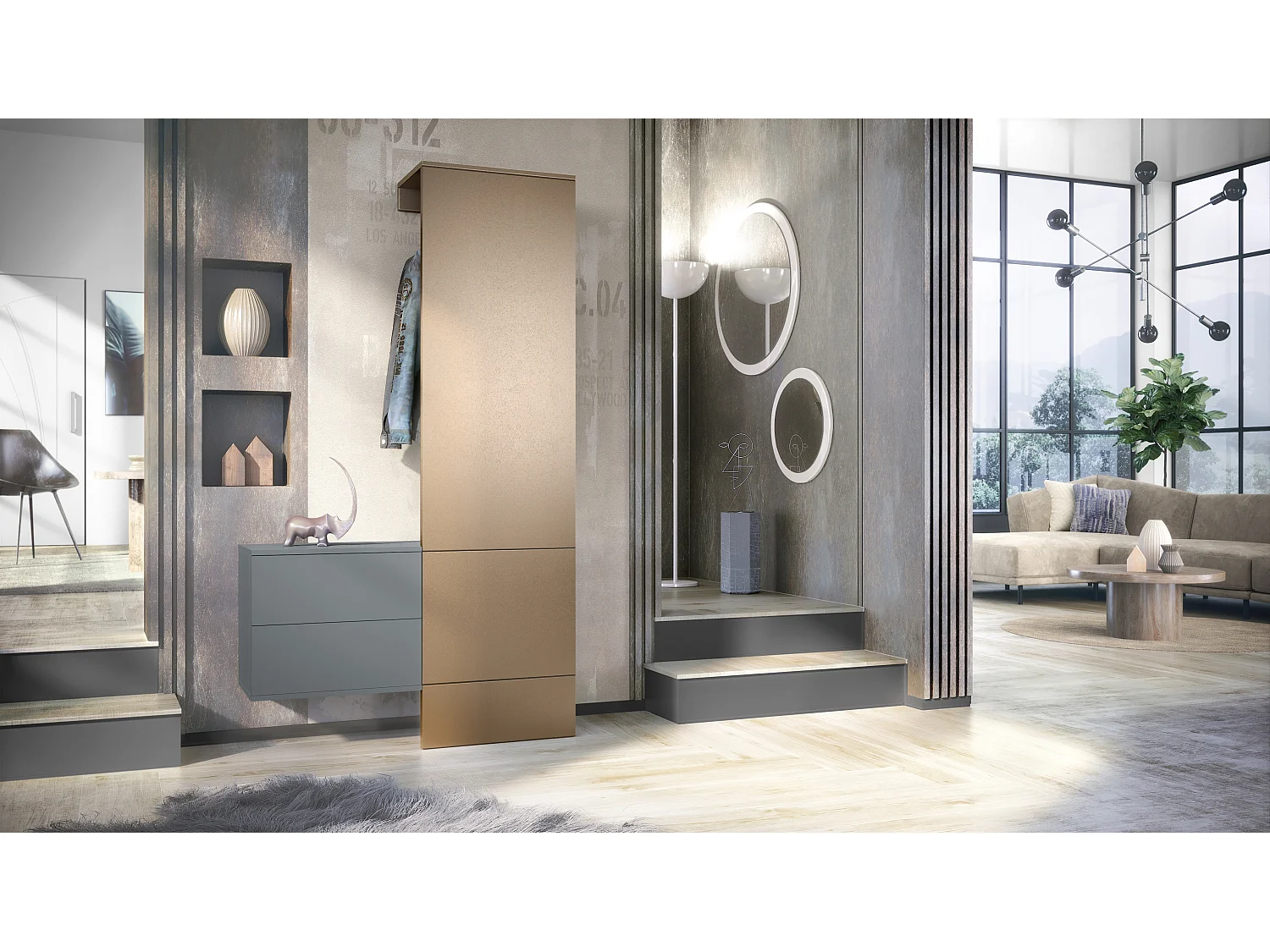 Penderie Carlton Set 2, Meuble d’entrée comprenant 1 panneau porte-manteau, 1 coffre à tiroir, anthracite mat/aspect bronzé (105 x 193 x 35 cm)