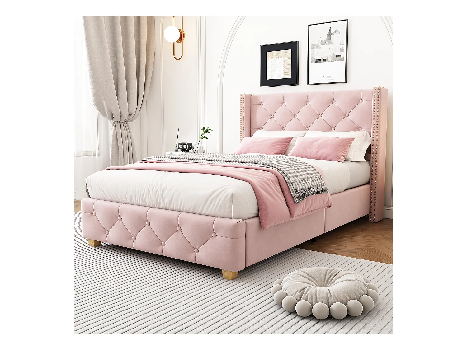 Lit adulte 90x200 cm, lin rose, lit simple avec tête de lit rembourrée et sommier à lattes - sans matelas