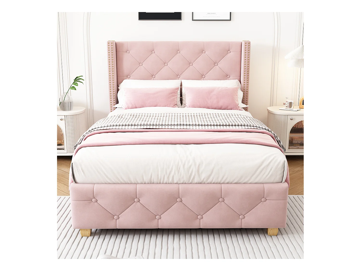 Lit adulte 90x200 cm, lin rose, lit simple avec tête de lit rembourrée et sommier à lattes - sans matelas