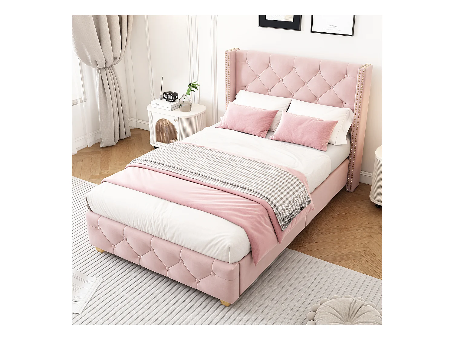 Lit adulte 90x200 cm, lin rose, lit simple avec tête de lit rembourrée et sommier à lattes - sans matelas