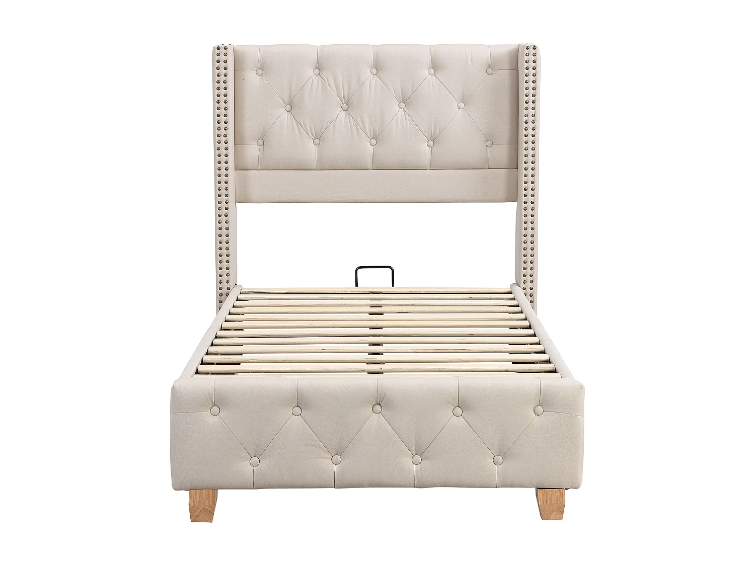 Volwassen bed 90x200 cm, beige linnen, eenpersoonsbed met gestoffeerd hoofdbord en lattenbodem - zonder matras