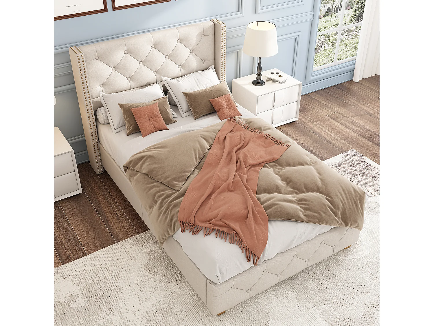 Volwassen bed 90x200 cm, beige linnen, eenpersoonsbed met gestoffeerd hoofdbord en lattenbodem - zonder matras