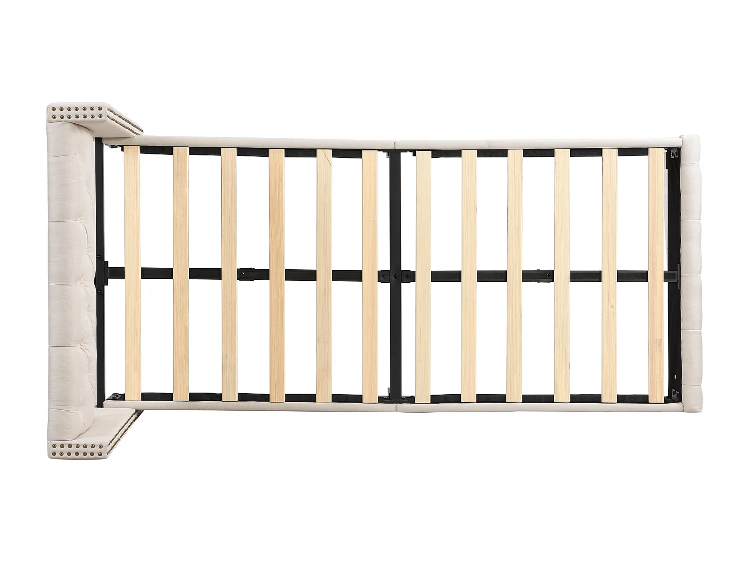 Volwassen bed 90x200 cm, beige linnen, eenpersoonsbed met gestoffeerd hoofdbord en lattenbodem - zonder matras