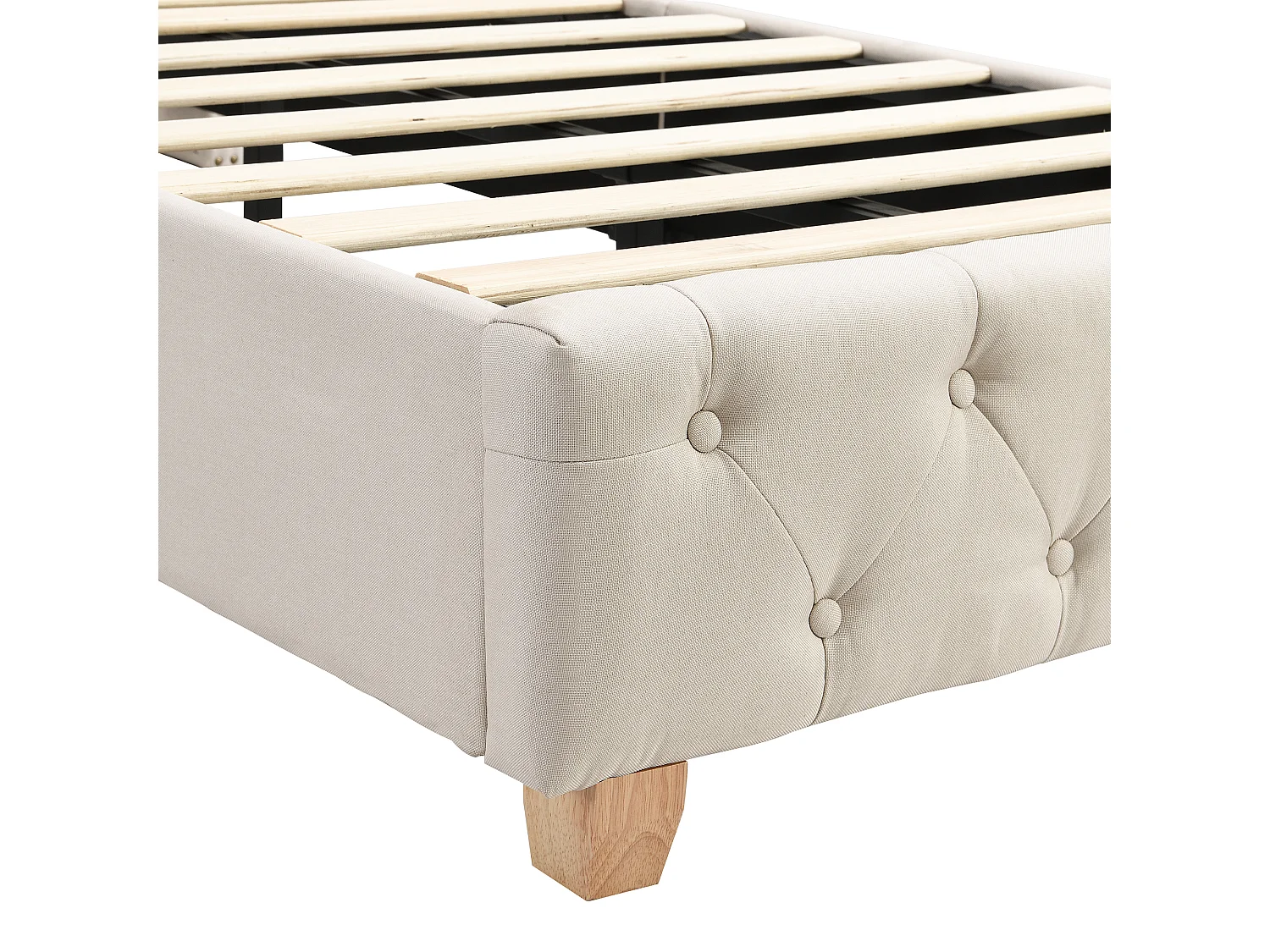 Volwassen bed 90x200 cm, beige linnen, eenpersoonsbed met gestoffeerd hoofdbord en lattenbodem - zonder matras