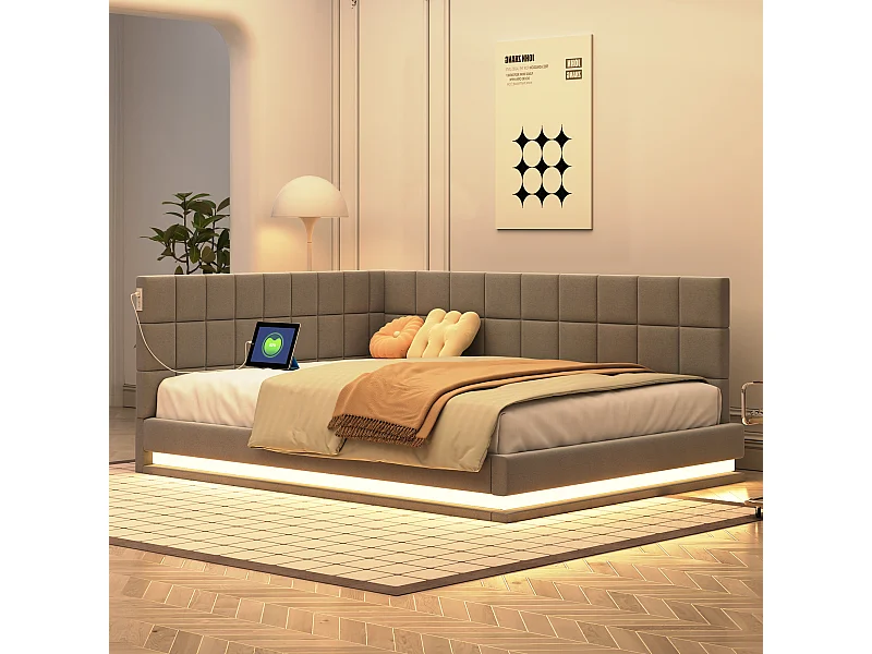 Lit banquette 140x200 cm, velours gris, lit adulte avec éclairage LED et port USB, sommier à lattes - sans matelas