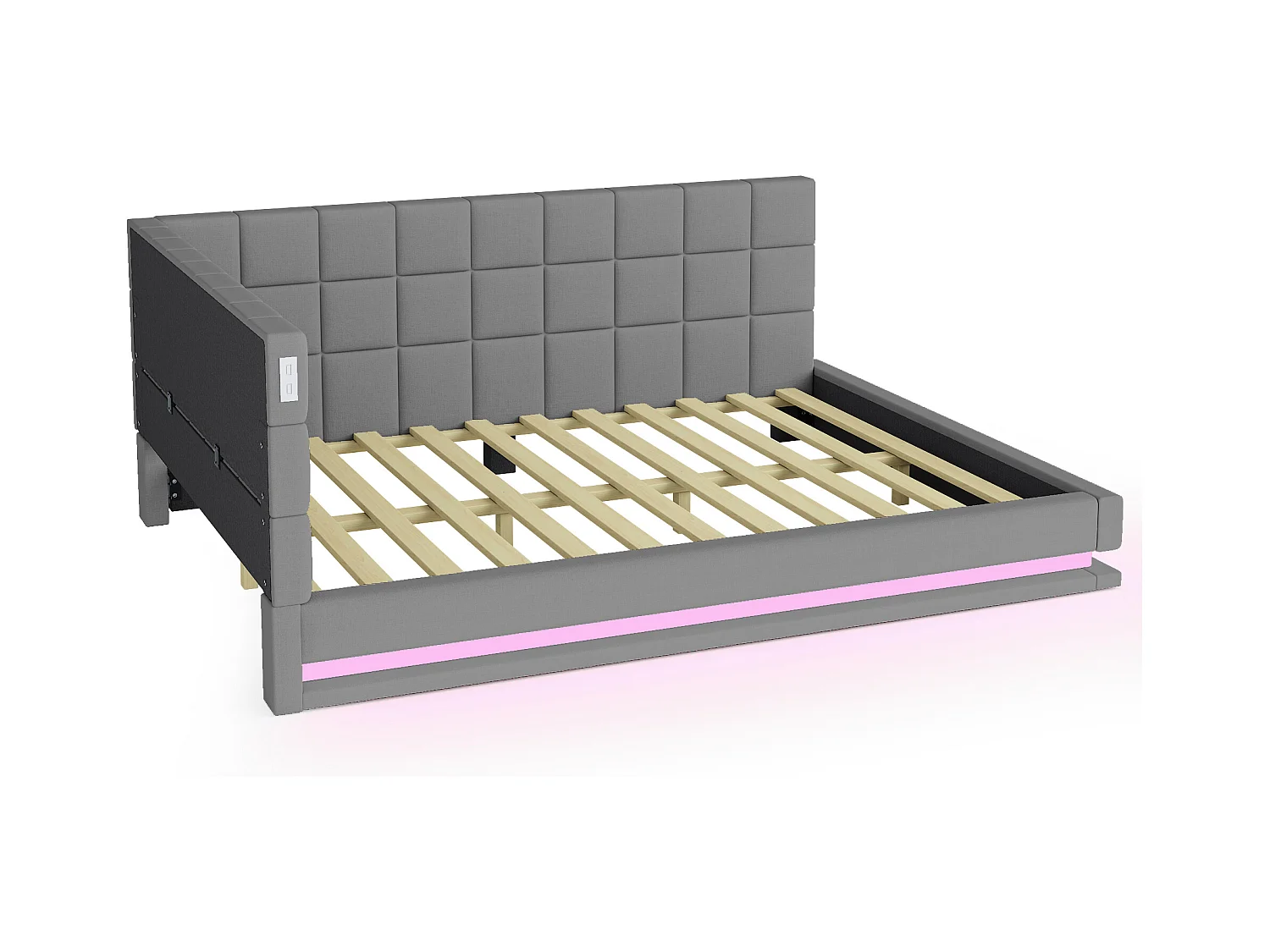 Slaapbank 140x200 cm, grijs fluweel, volwassen bed met ledverlichting en USB-aansluiting, lattenbodem - zonder matras