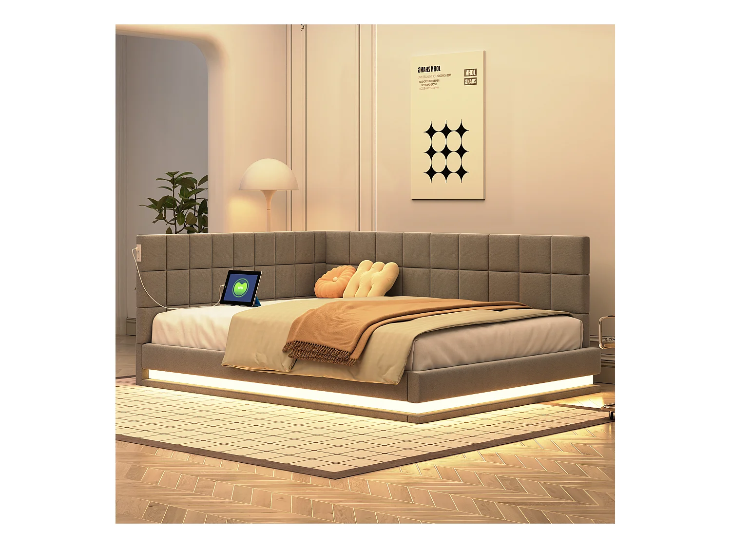 Lit banquette 140x200 cm, velours gris, lit adulte avec éclairage LED et port USB, sommier à lattes - sans matelas