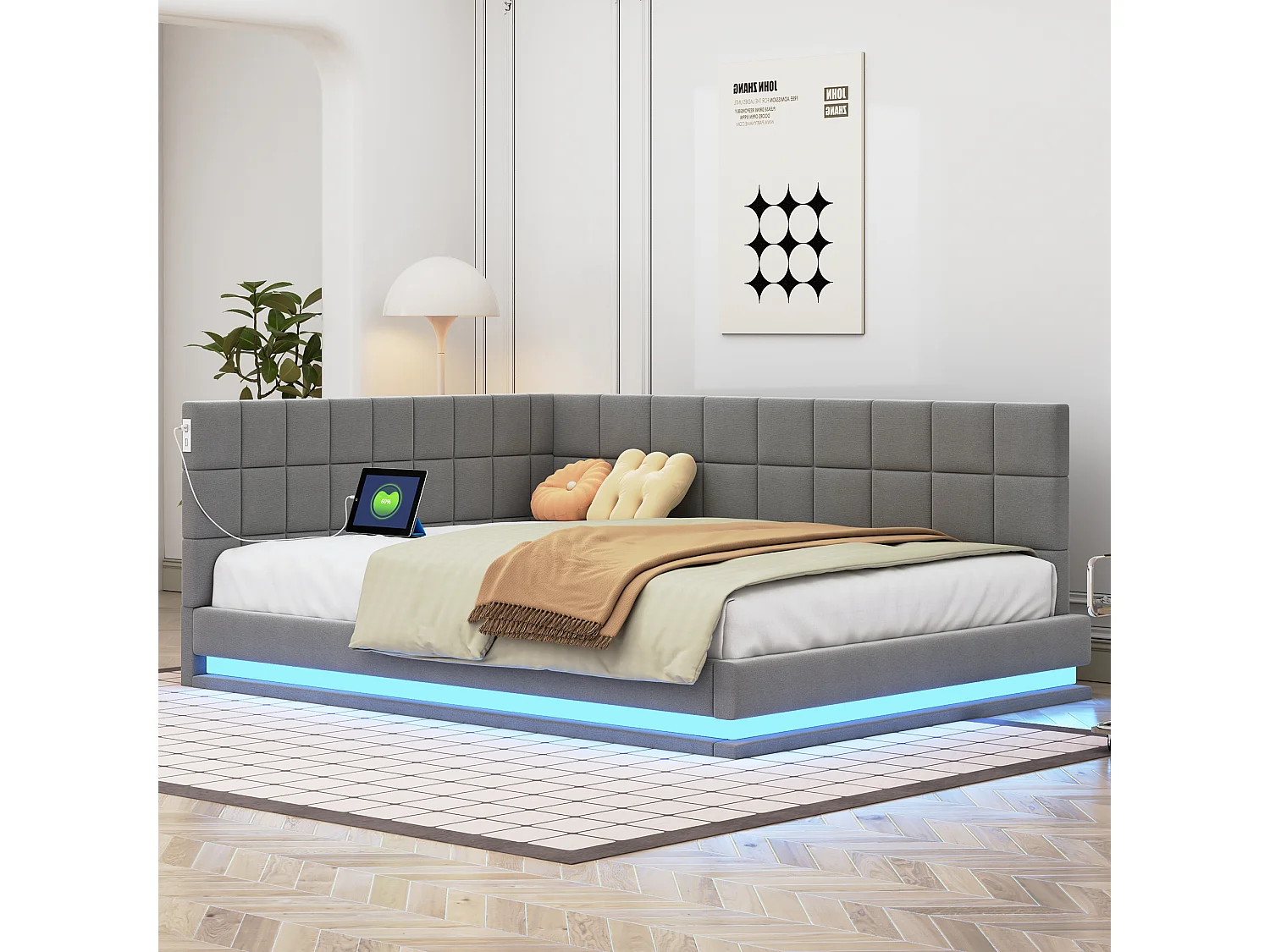 Lit banquette 140x200 cm, velours gris, lit adulte avec éclairage LED et port USB, sommier à lattes - sans matelas