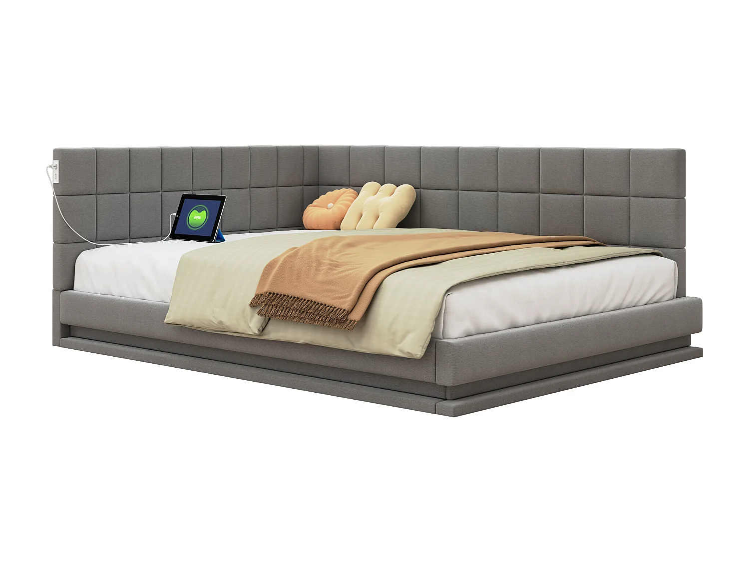 Lit banquette 140x200 cm, velours gris, lit adulte avec éclairage LED et port USB, sommier à lattes - sans matelas