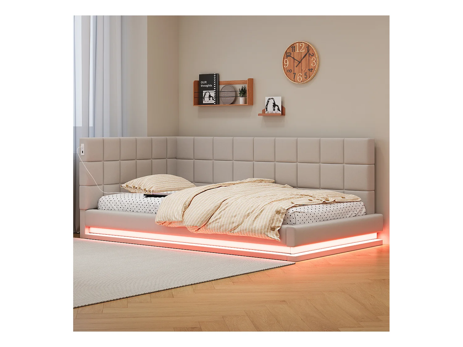 Divano letto 90x200 cm, velluto beige, letto per bambini con illuminazione a LED e porta USB, rete a doghe - senza materasso