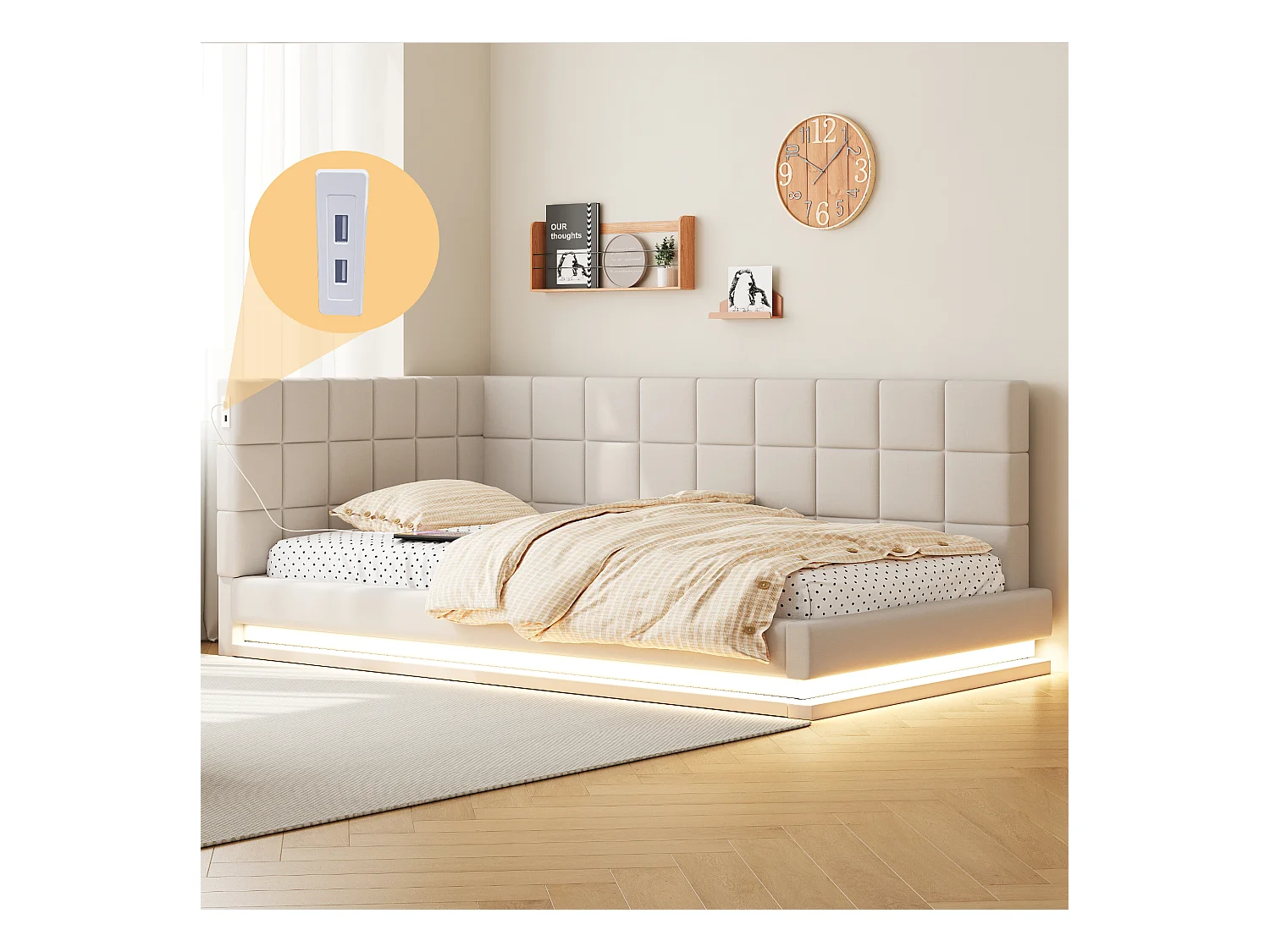 Lit banquette 90x200 cm, velours beige, lit enfants avec éclairage LED et port USB, sommier à lattes - sans matelas