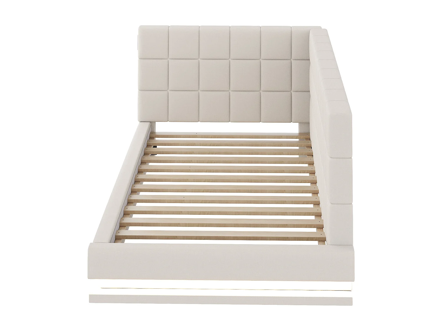 Lit banquette 90x200 cm, velours beige, lit enfants avec éclairage LED et port USB, sommier à lattes - sans matelas