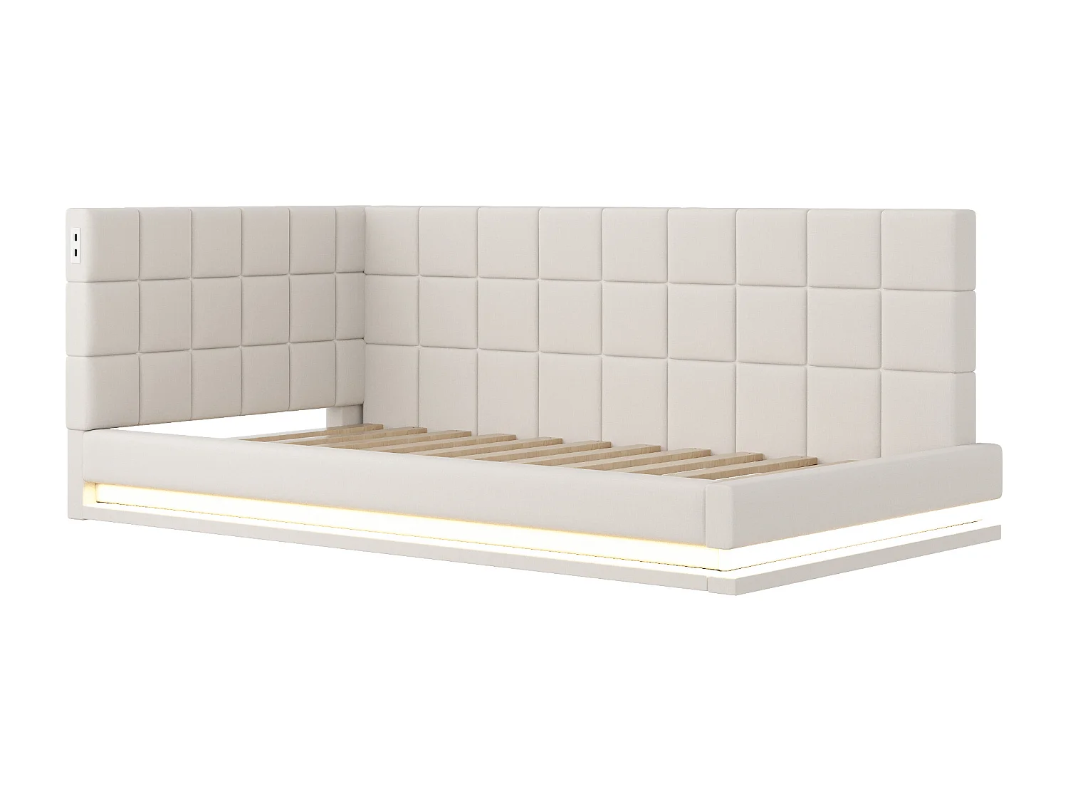 Lit banquette 90x200 cm, velours beige, lit enfants avec éclairage LED et port USB, sommier à lattes - sans matelas