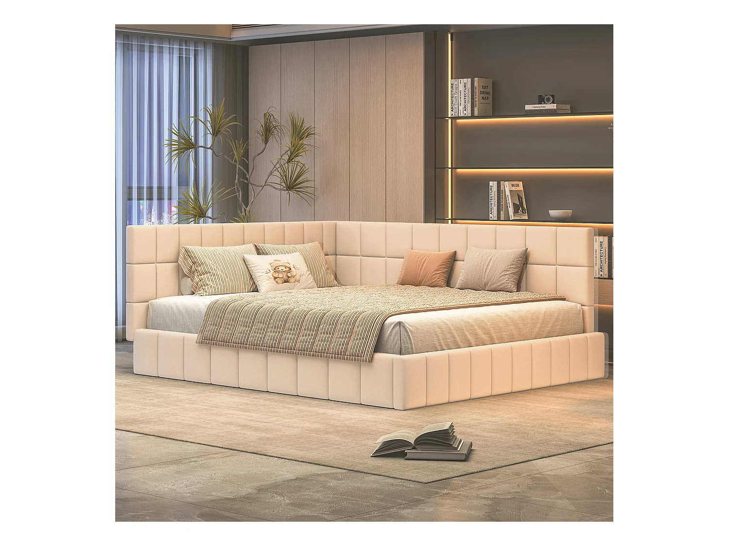 Lit banquette 160x200 cm, velours beige, lit double avec sommier à lattes en bois - sans matelas