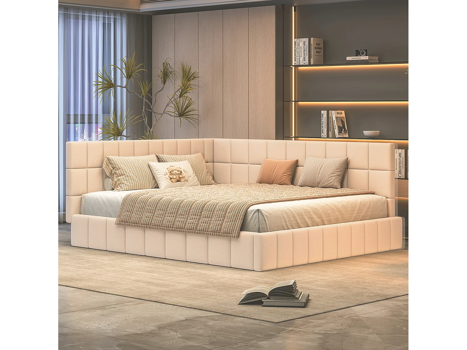 Lit banquette 160x200 cm, velours beige, lit double avec sommier à lattes en bois - sans matelas