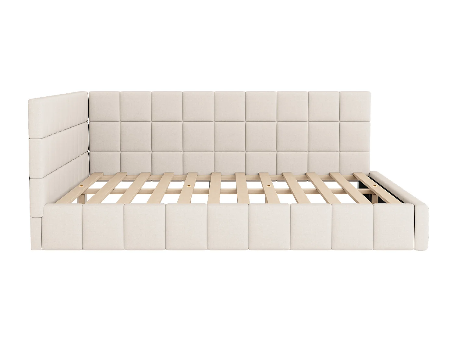 Lit banquette 160x200 cm, velours beige, lit double avec sommier à lattes en bois - sans matelas