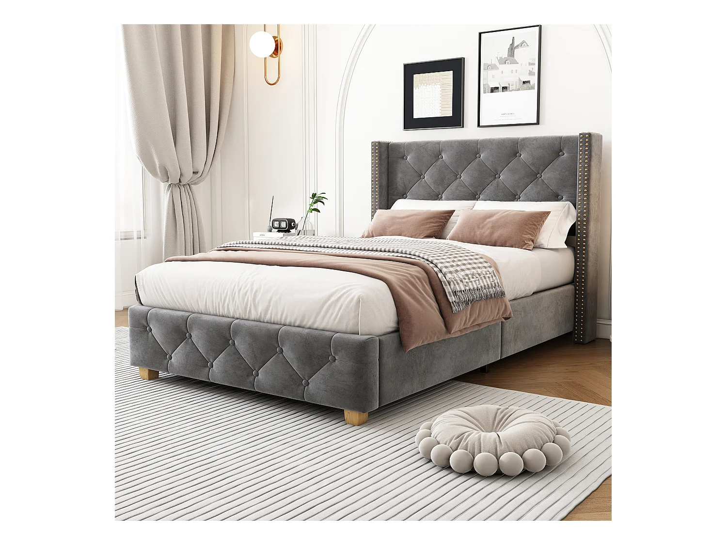 Volwassen bed 90x200 cm, grijs linnen, eenpersoonsbed met gestoffeerd hoofdbord en lattenbodem - zonder matras