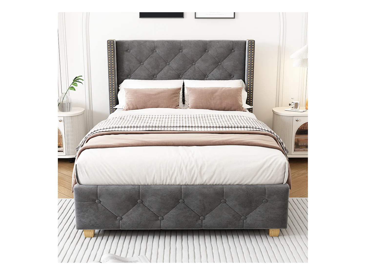 Volwassen bed 90x200 cm, grijs linnen, eenpersoonsbed met gestoffeerd hoofdbord en lattenbodem - zonder matras