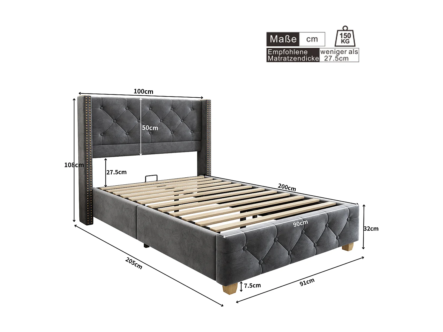 Volwassen bed 90x200 cm, grijs linnen, eenpersoonsbed met gestoffeerd hoofdbord en lattenbodem - zonder matras
