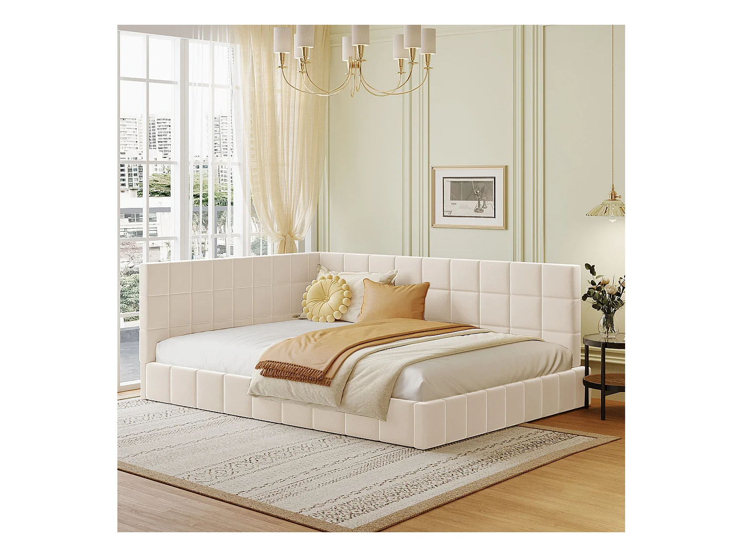 Lit banquette 140x200 cm, velours beige, lit adulte avec sommier à lattes en bois - sans matelas