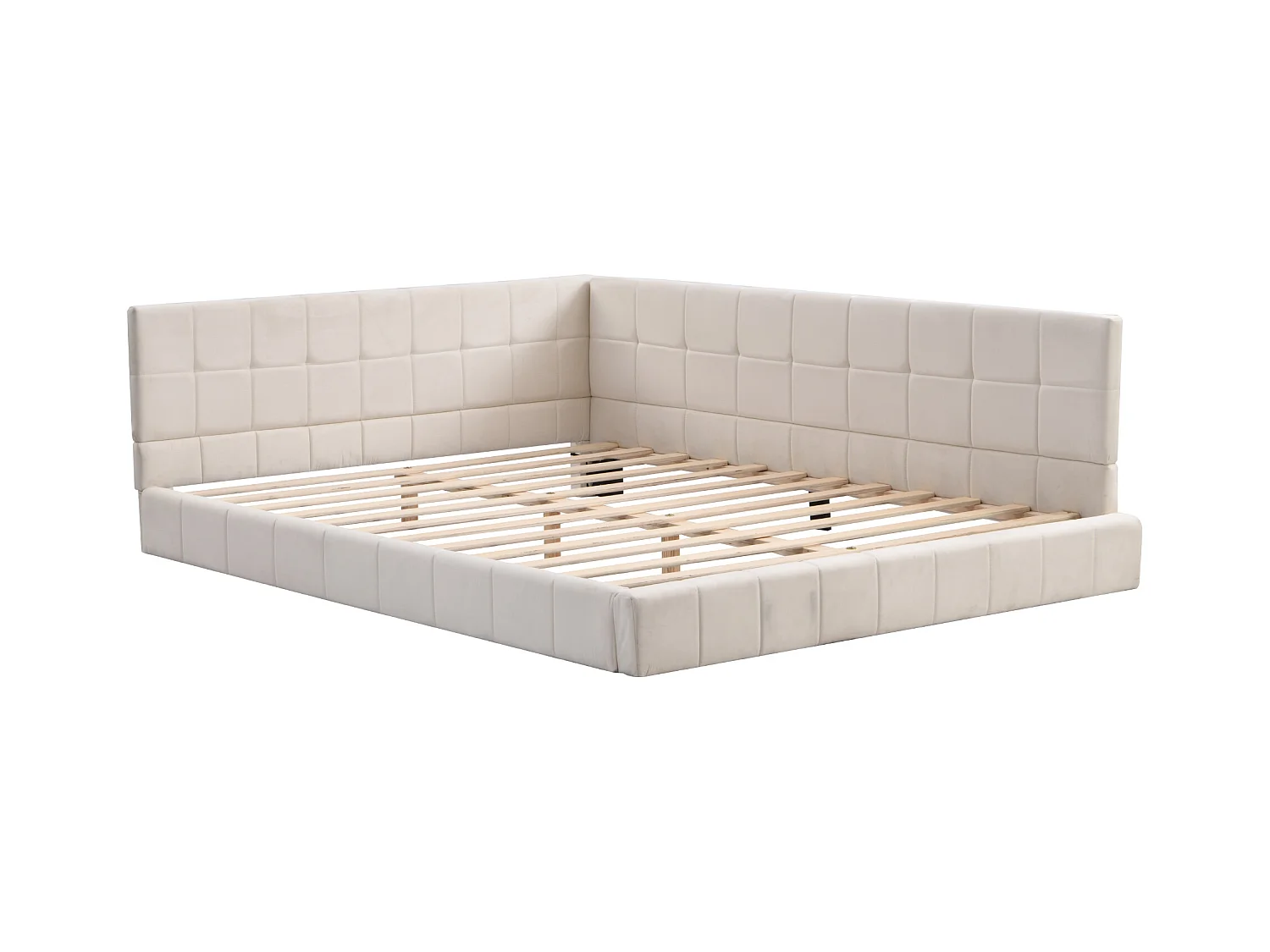 Lit banquette 140x200 cm, velours beige, lit adulte avec sommier à lattes en bois - sans matelas