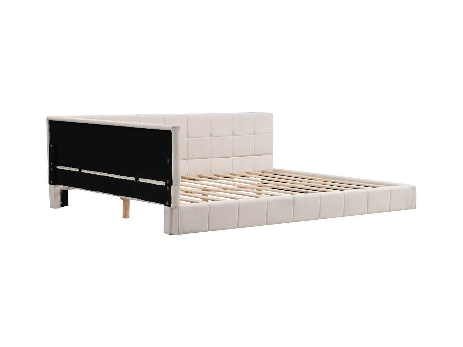 Lit banquette 140x200 cm, velours beige, lit adulte avec sommier à lattes en bois - sans matelas