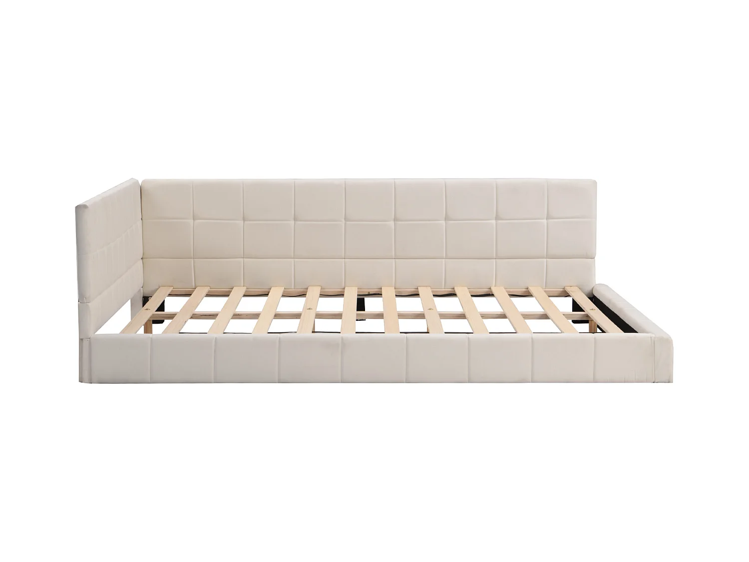 Lit banquette 140x200 cm, velours beige, lit adulte avec sommier à lattes en bois - sans matelas