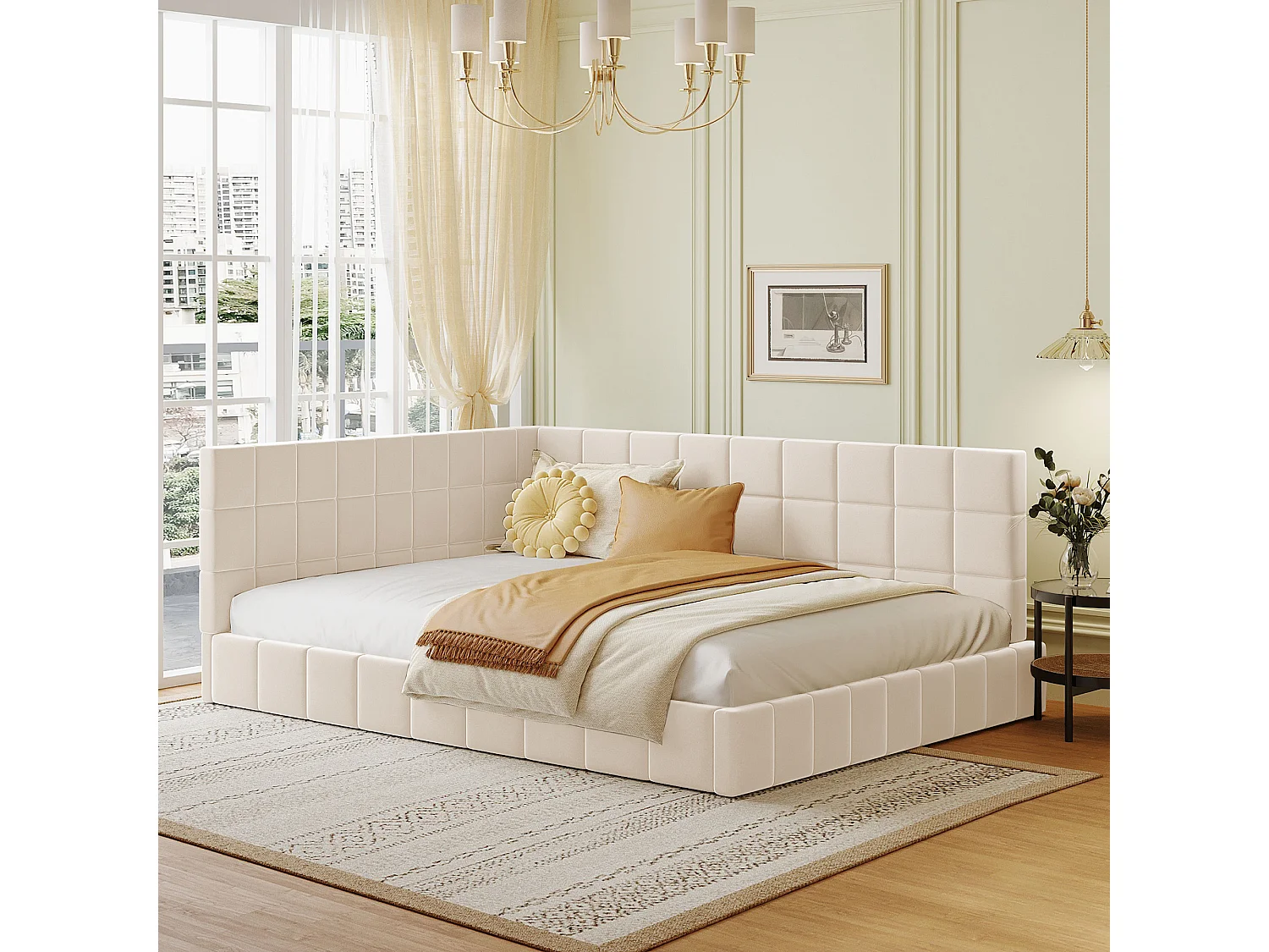 Lit banquette 140x200 cm, velours beige, lit adulte avec sommier à lattes en bois - sans matelas